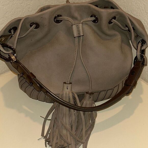 Anya Hindmarch Taupe Brown Leather Bucket Bag Tassel Fringe Purse Boho Western - Picture 4 of 15